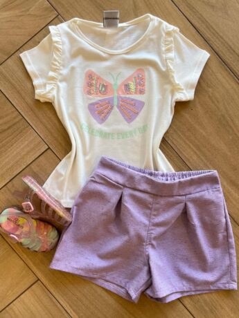 Conjunto Infantil Feminino Blusa Borboleta e Short Lilás Fernanda Ramos Kids