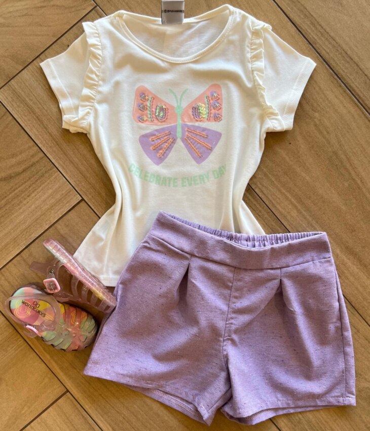 Conjunto Infantil Feminino Blusa Borboleta e Short Lilás Fernanda Ramos Kids