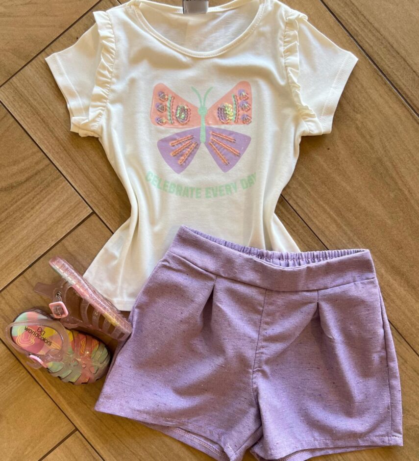 Conjunto Infantil Feminino Blusa Borboleta e Short Lilás Fernanda Ramos Kids