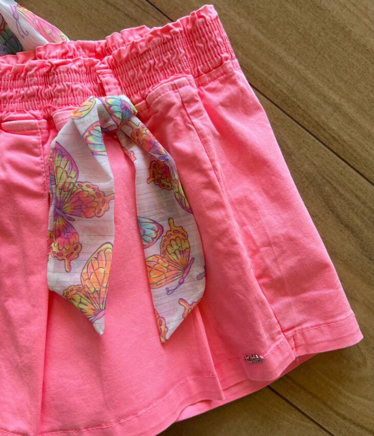 fernandaramoskids com br Conjunto Infantil Feminino Blusa Borboleta Short Rosa Neon 1