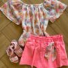 Conjunto Infantil Feminino Blusa Borboleta Short Rosa Neon Fernanda Ramos Kids