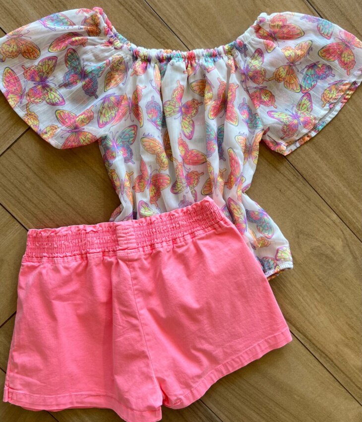 fernandaramoskids com br Conjunto Infantil Feminino Blusa Borboleta Short Rosa Neon 3