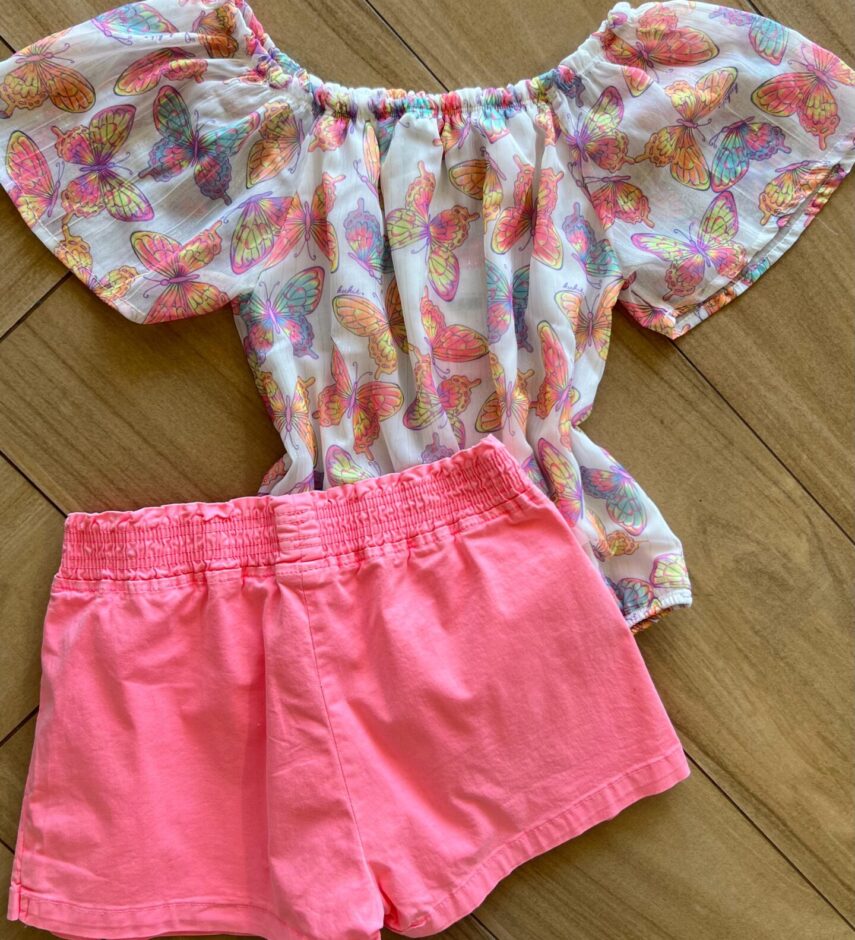 fernandaramoskids com br Conjunto Infantil Feminino Blusa Borboleta Short Rosa Neon 3