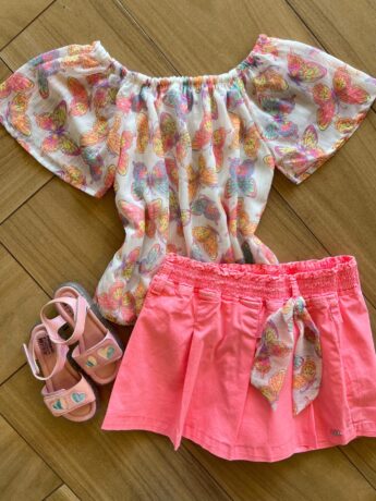 Conjunto Infantil Feminino Blusa Borboleta Short Rosa Neon Fernanda Ramos Kids