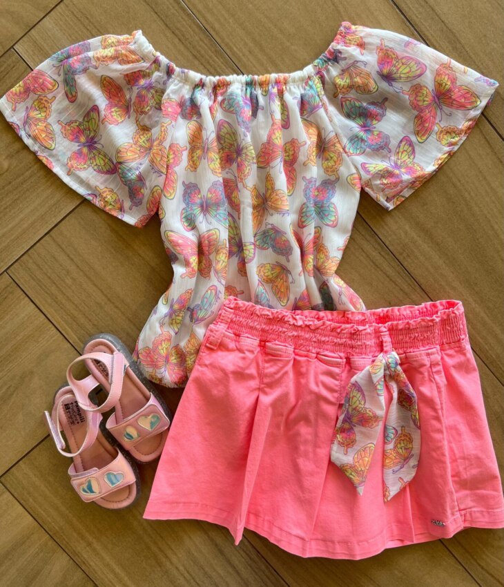Conjunto Infantil Feminino Blusa Borboleta Short Rosa Neon Fernanda Ramos Kids