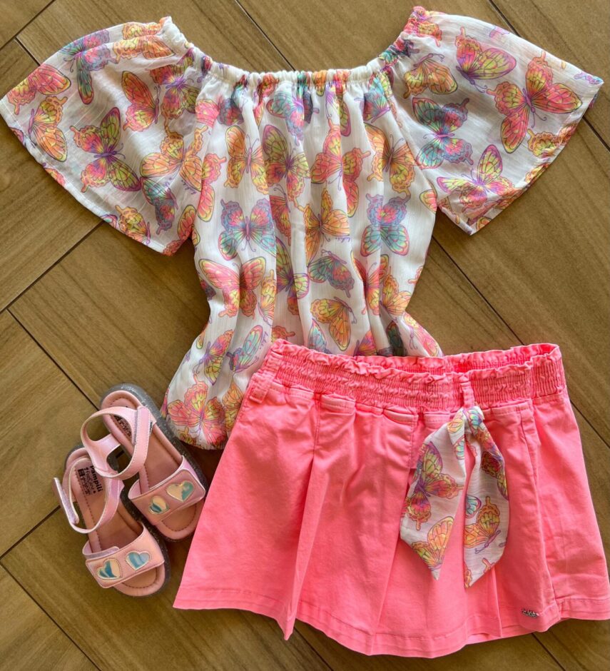 Conjunto Infantil Feminino Blusa Borboleta Short Rosa Neon Fernanda Ramos Kids