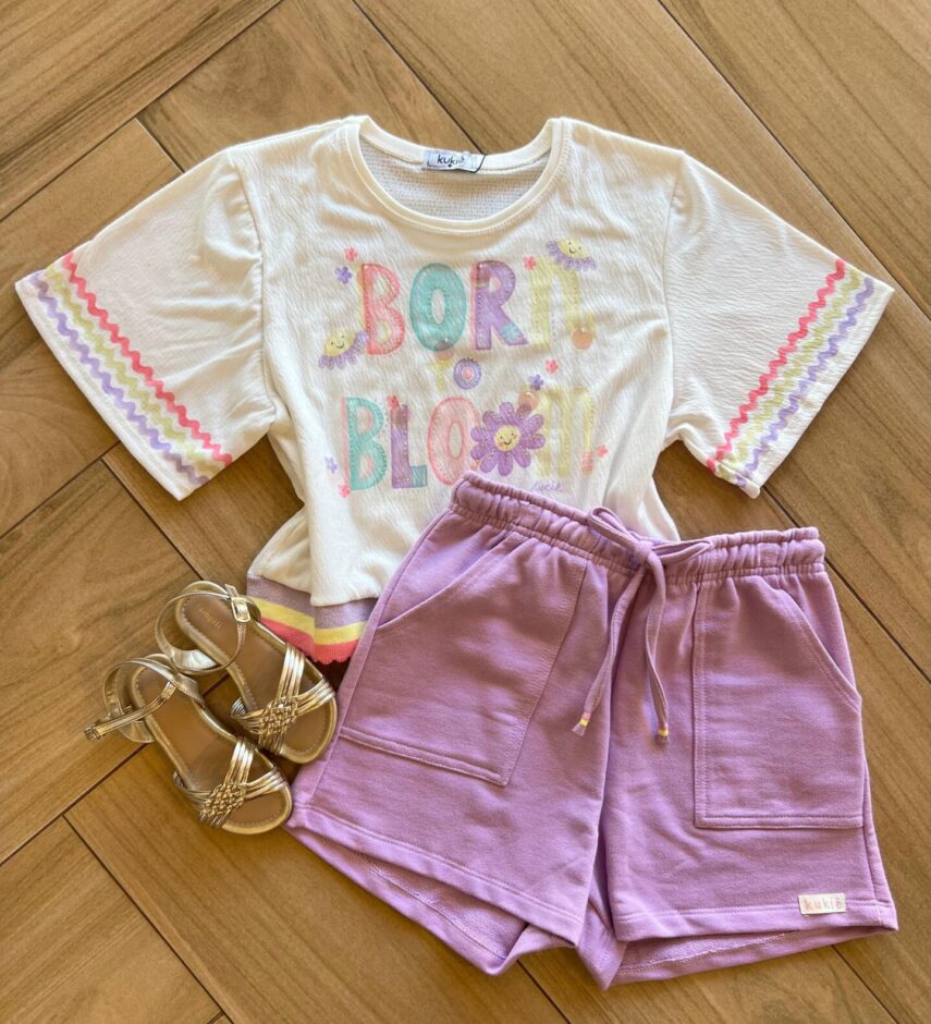 Conjunto Infantil Feminino Blusa Born Bloom e Short Fernanda Ramos Kids