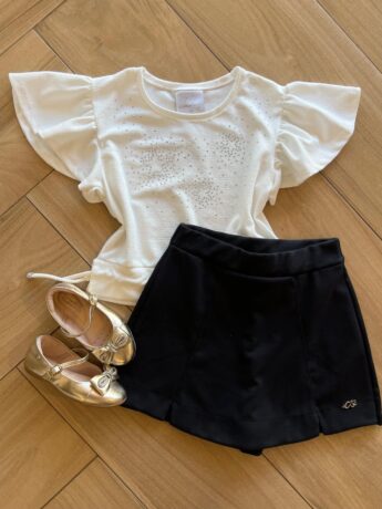Conjunto Infantil Feminino Blusa Branca com Brilho e Short Fernanda Ramos Kids