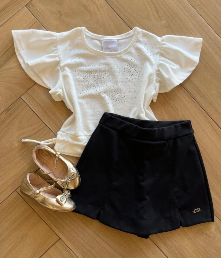 Conjunto Infantil Feminino Blusa Branca com Brilho e Short Fernanda Ramos Kids