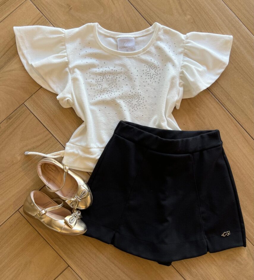 Conjunto Infantil Feminino Blusa Branca com Brilho e Short Fernanda Ramos Kids
