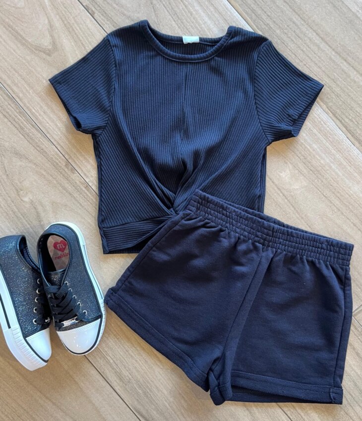 Conjunto Infantil Feminino Blusa Canelada Short Preto Fernanda ramos kids