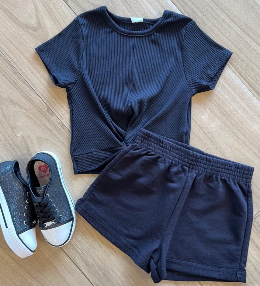 Conjunto Infantil Feminino Blusa Canelada Short Preto Fernanda ramos kids