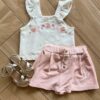 Conjunto Infantil Feminino Blusa com Flor Bordada e Short Saia Rosa Fernanda Ramos Kids