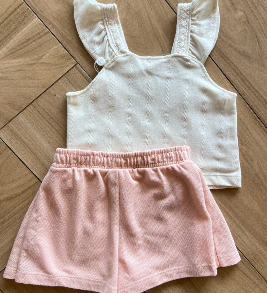 fernandaramoskids com br Conjunto Infantil Feminino Blusa com Flor Bordada e Short Saia Rosa3