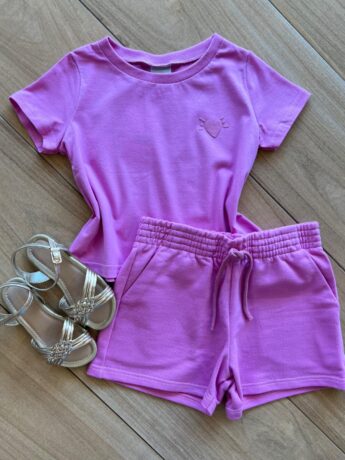 Conjunto Infantil Feminino Blusa Coração Short Lilas Fernanda Ramos Kids