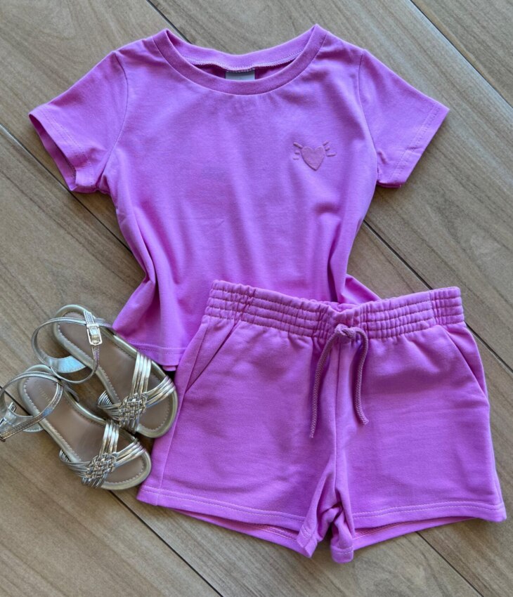 Conjunto Infantil Feminino Blusa Coração Short Lilas Fernanda Ramos Kids