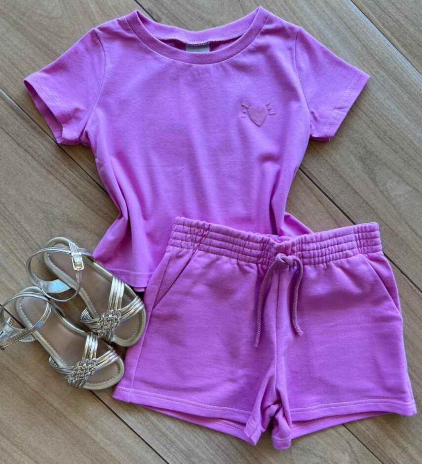 Conjunto Infantil Feminino Blusa Coração Short Lilas Fernanda Ramos Kids