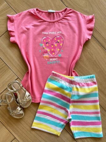 Conjunto Infantil Feminino Blusa Coração Short Listras Coloridas Fernanda ramos kids