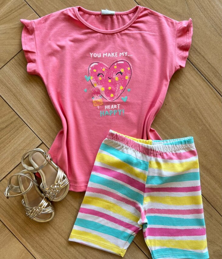 Conjunto Infantil Feminino Blusa Coração Short Listras Coloridas Fernanda ramos kids