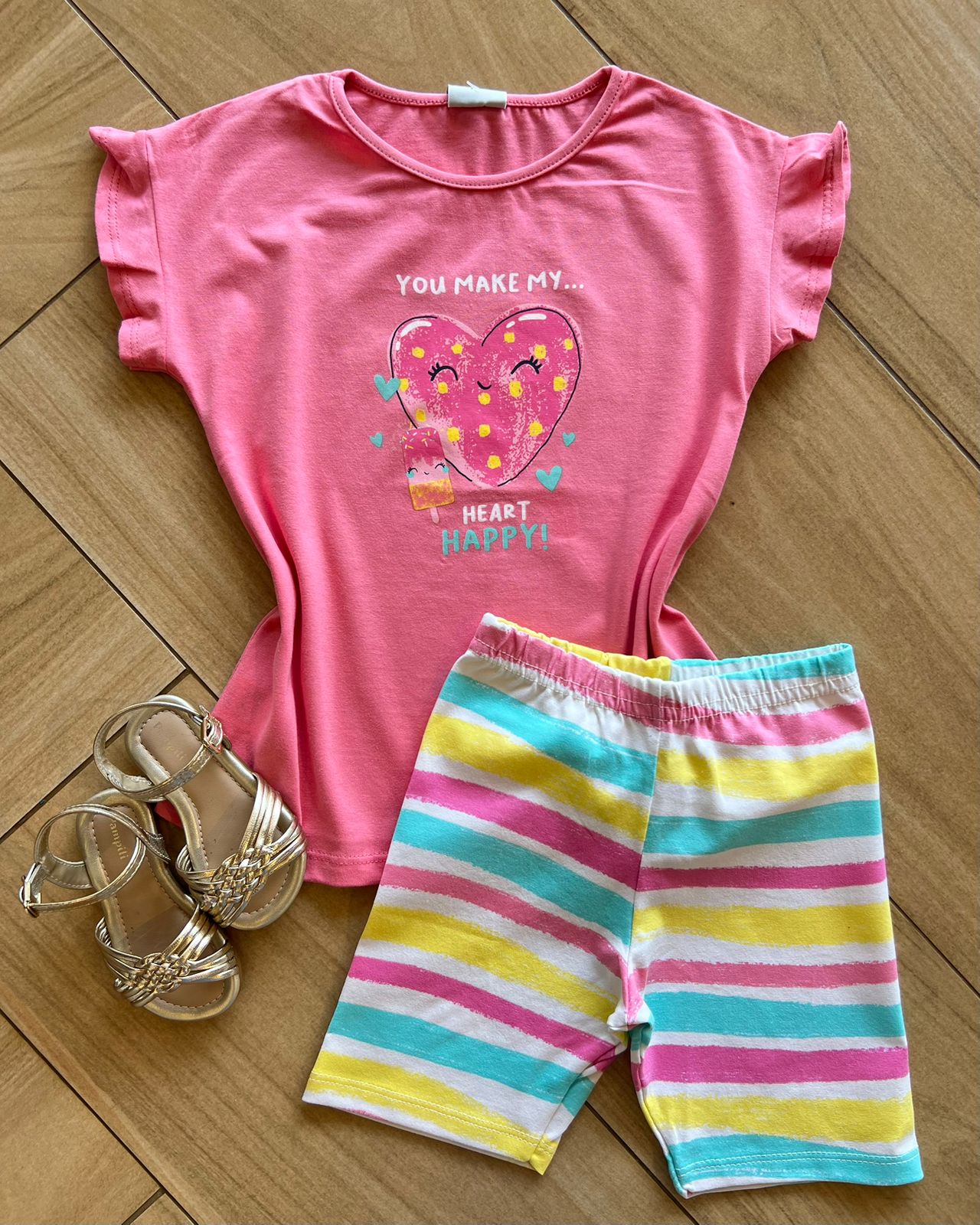 Conjunto Infantil Feminino Blusa Coração Short Listras Coloridas Fernanda ramos kids