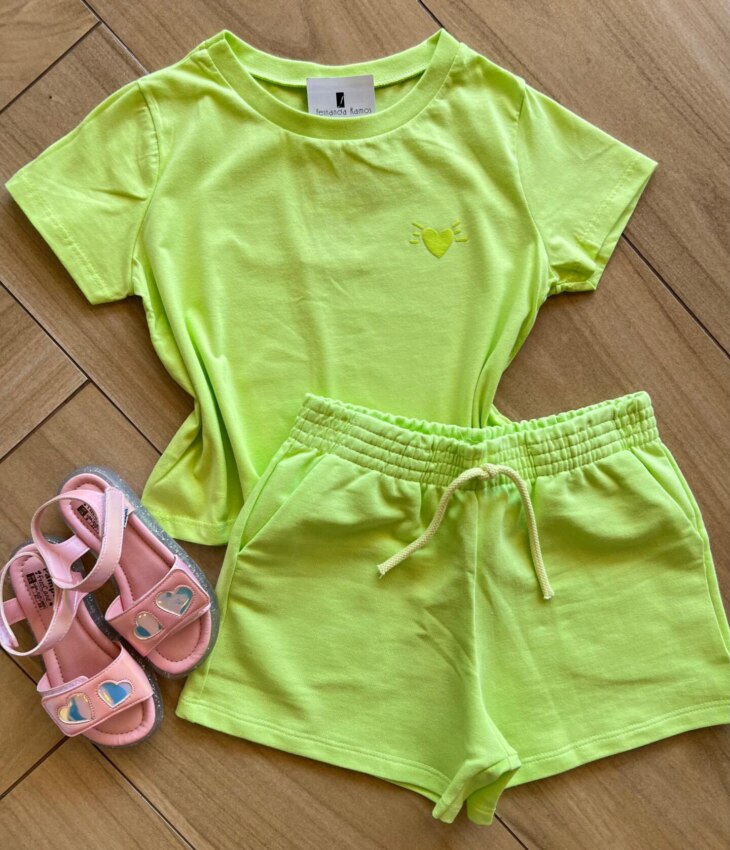 Conjunto Infantil Feminino Blusa Coração Short Verde Lima Fernanda ramos kids
