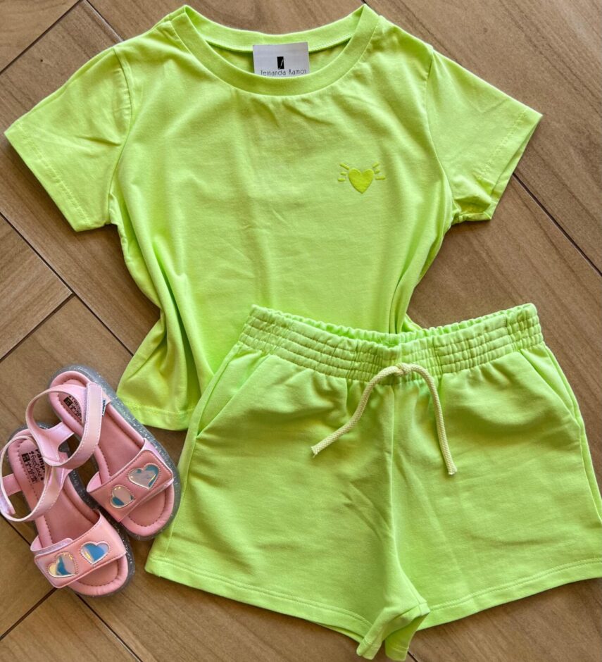 Conjunto Infantil Feminino Blusa Coração Short Verde Lima Fernanda ramos kids