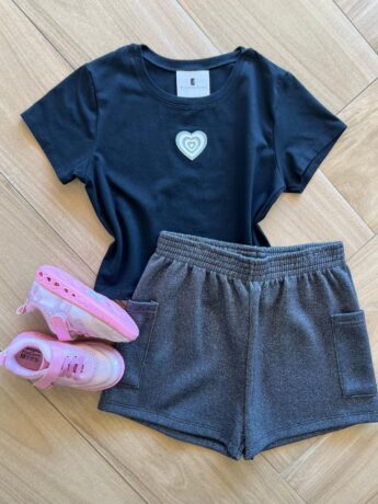 Conjunto Infantil Feminino Blusa Cropped e Short Preto Brilhante Fernanda Ramos Kids
