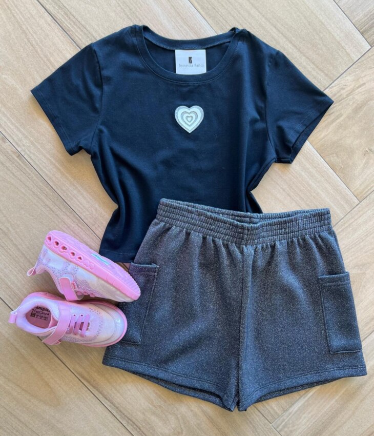 Conjunto Infantil Feminino Blusa Cropped e Short Preto Brilhante Fernanda Ramos Kids