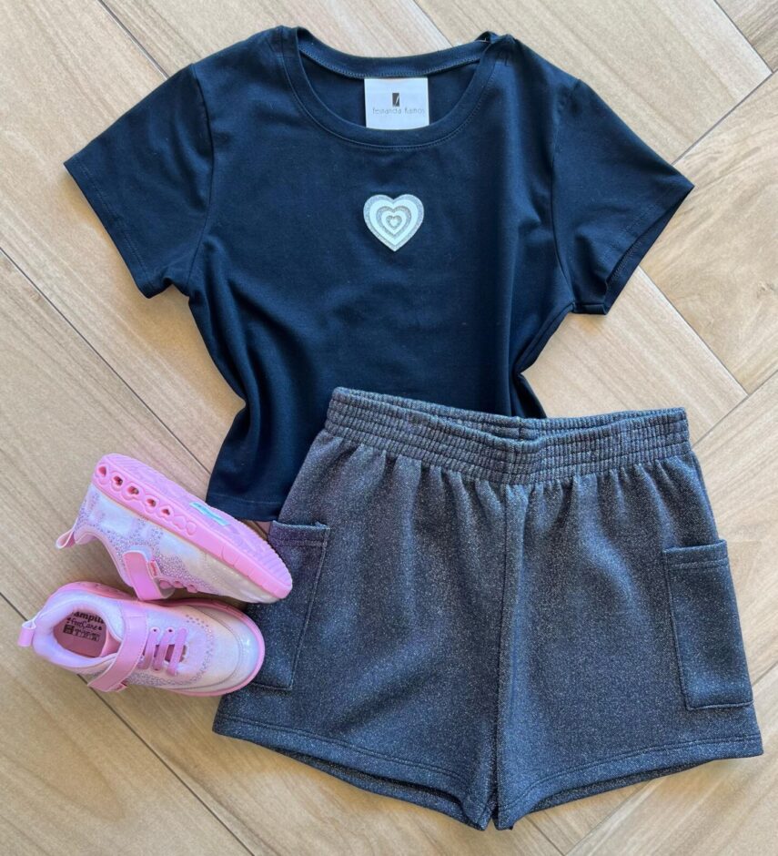 Conjunto Infantil Feminino Blusa Cropped e Short Preto Brilhante Fernanda Ramos Kids