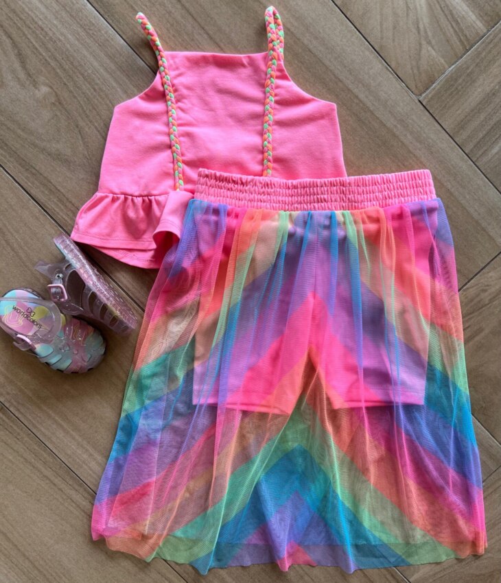 Conjunto Infantil Feminino Blusa Cropped e Short Saia Colorido Fernanda Ramos Kids