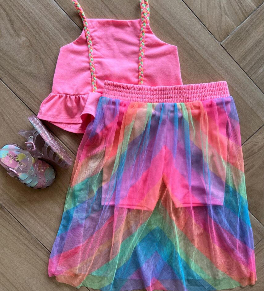 Conjunto Infantil Feminino Blusa Cropped e Short Saia Colorido Fernanda Ramos Kids