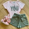 Conjunto Infantil Feminino Blusa Cropped You e Short Verde Fernanda Ramos Kids