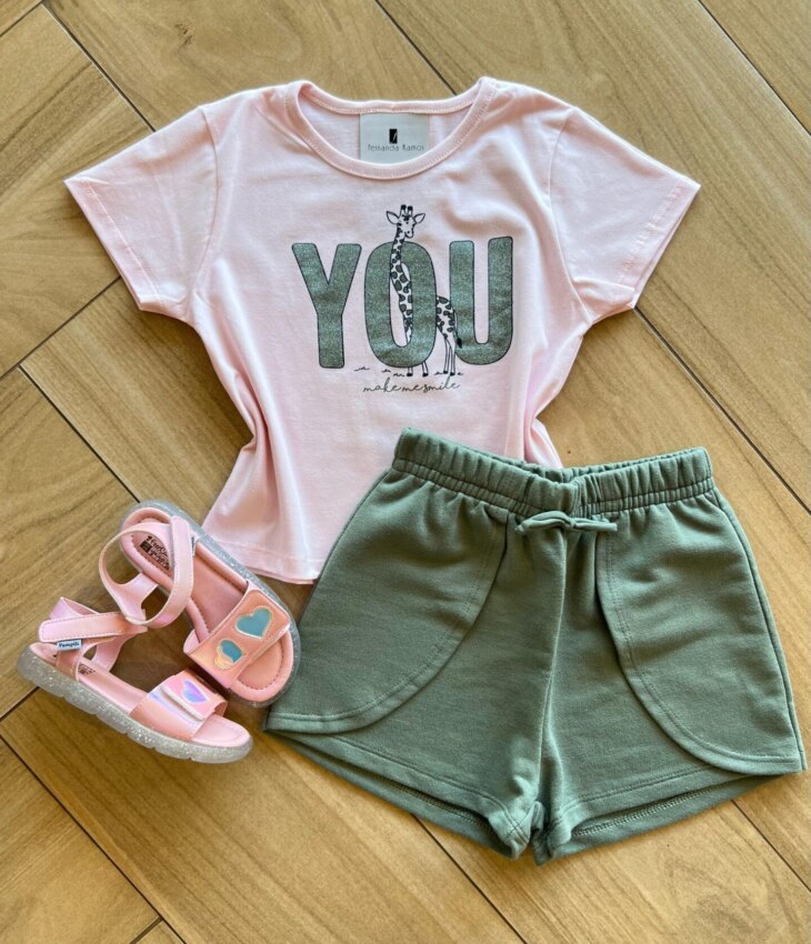 Conjunto Infantil Feminino Blusa Cropped You e Short Verde Fernanda Ramos Kids