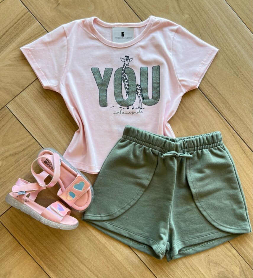 Conjunto Infantil Feminino Blusa Cropped You e Short Verde Fernanda Ramos Kids