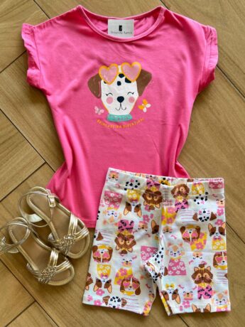 Conjunto Infantil Feminino Blusa e Short de Cachorrinhos Fernanda Ramos Kids