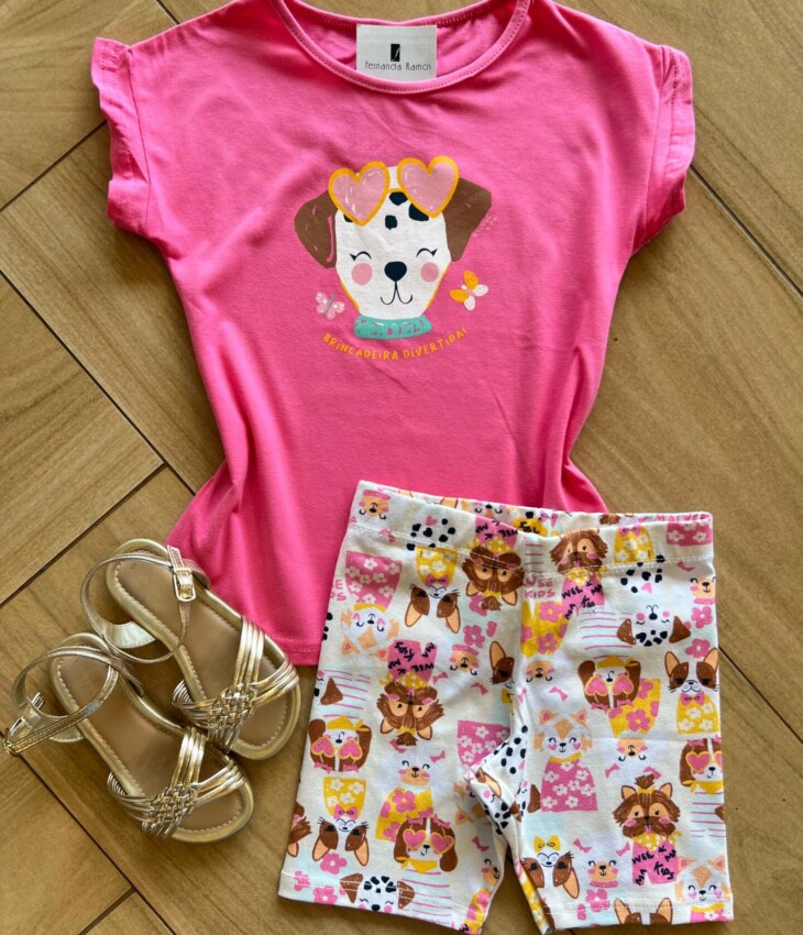 Conjunto Infantil Feminino Blusa e Short de Cachorrinhos Fernanda Ramos Kids