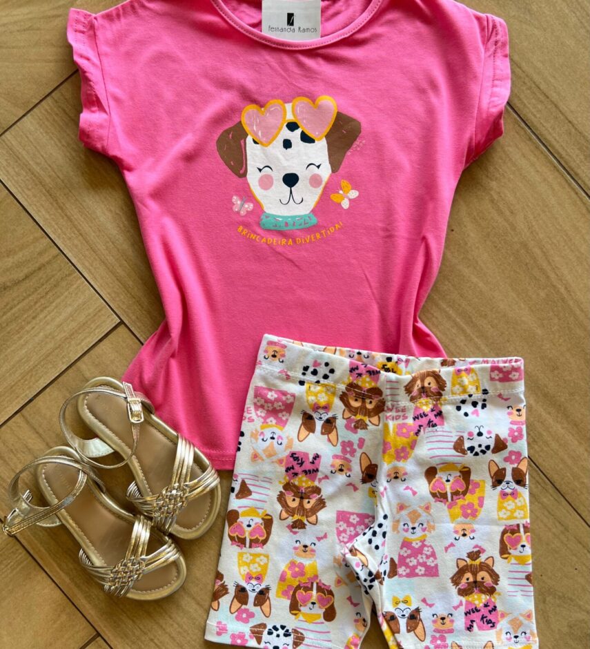 Conjunto Infantil Feminino Blusa e Short de Cachorrinhos Fernanda Ramos Kids
