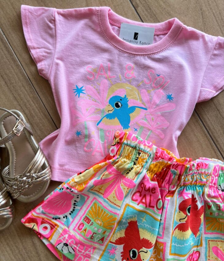 fernandaramoskids com br Conjunto Infantil Feminino Blusa e Short Que Calor Estampado1