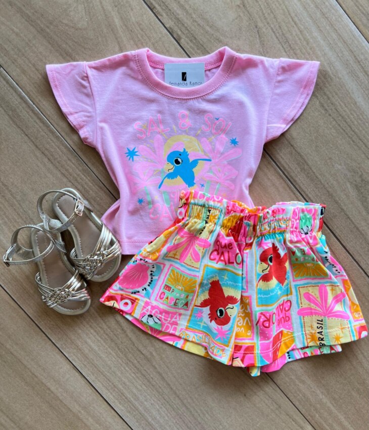 Conjunto Infantil Feminino Blusa e Short Que Calor Estampado Fernanda Ramos Kids