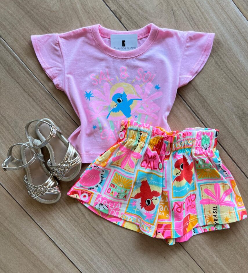 Conjunto Infantil Feminino Blusa e Short Que Calor Estampado Fernanda Ramos Kids