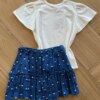 Conjunto Infantil Feminino Blusa e Short Saia Ramo de Flores Azul da Fernanda Ramos Kids