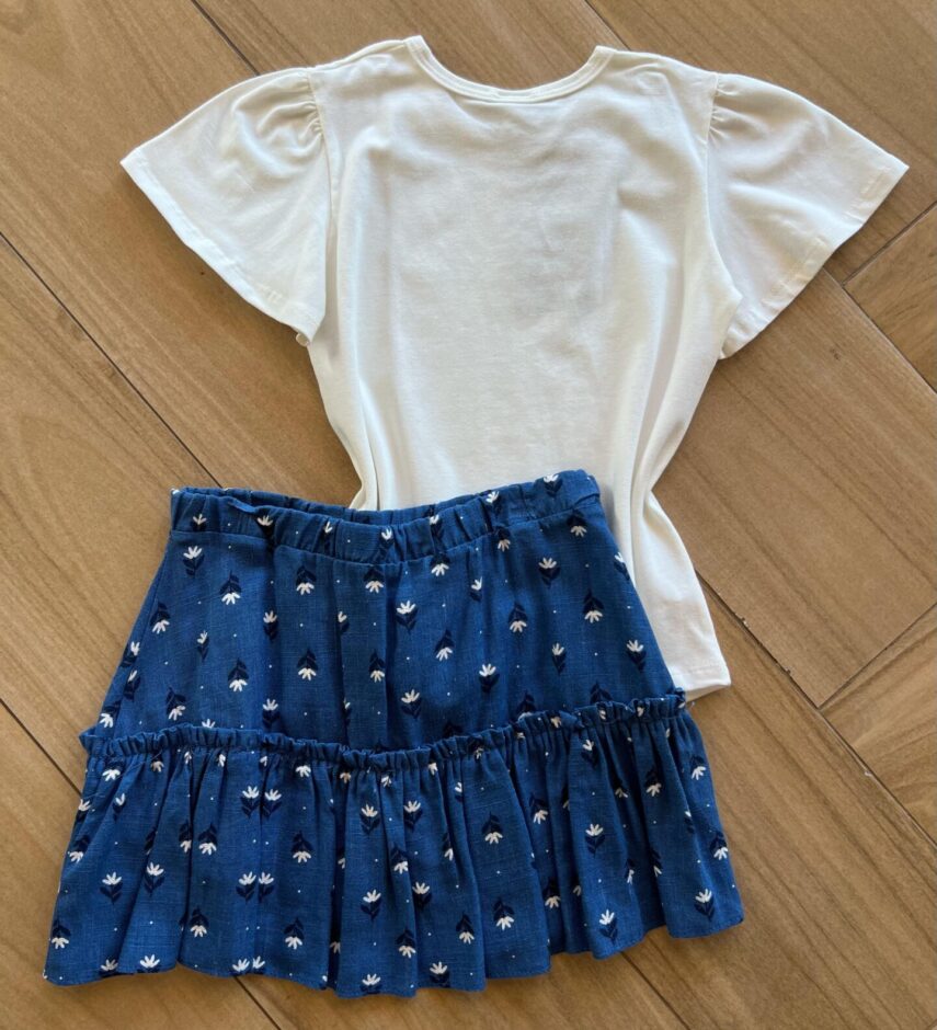 Conjunto Infantil Feminino Blusa e Short Saia Ramo de Flores Azul da Fernanda Ramos Kids