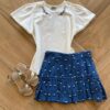 Conjunto Infantil Feminino Blusa e Short Saia Ramo de Flores Azul Fernanda Ramos Kids
