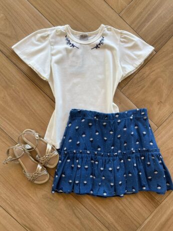 Conjunto Infantil Feminino Blusa e Short Saia Ramo de Flores Azul Fernanda Ramos Kids