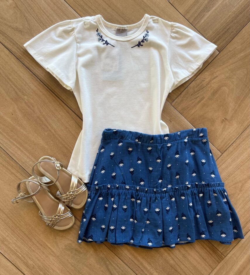 Conjunto Infantil Feminino Blusa e Short Saia Ramo de Flores Azul Fernanda Ramos Kids