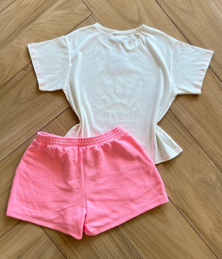 fernandaramoskids com br Conjunto Infantil Feminino Blusa Enjoy The Sun e Short Saia Pink2