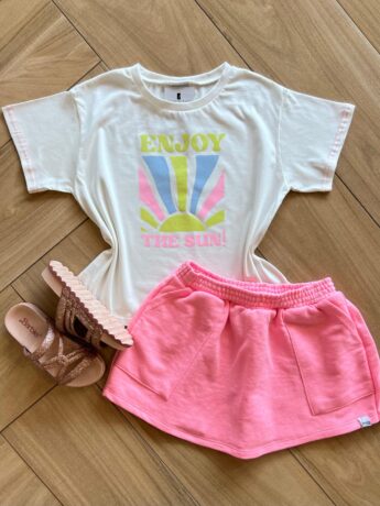 Conjunto Infantil Feminino Blusa Enjoy The Sun e Short Saia Pink Fernanda Ramos Kids