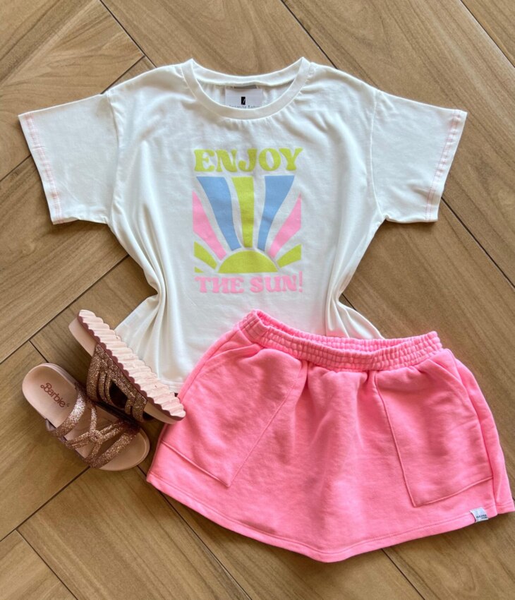 Conjunto Infantil Feminino Blusa Enjoy The Sun e Short Saia Pink Fernanda Ramos Kids