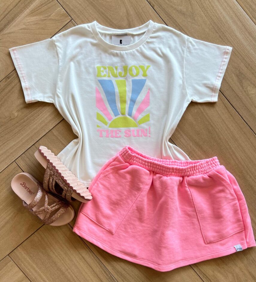 Conjunto Infantil Feminino Blusa Enjoy The Sun e Short Saia Pink Fernanda Ramos Kids