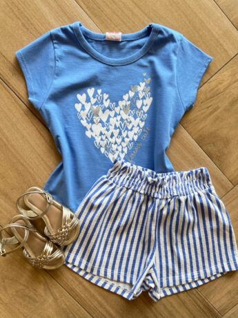Conjunto Infantil Feminino Blusa Forever Cute e Short Listrado Fernanda Ramos Kids